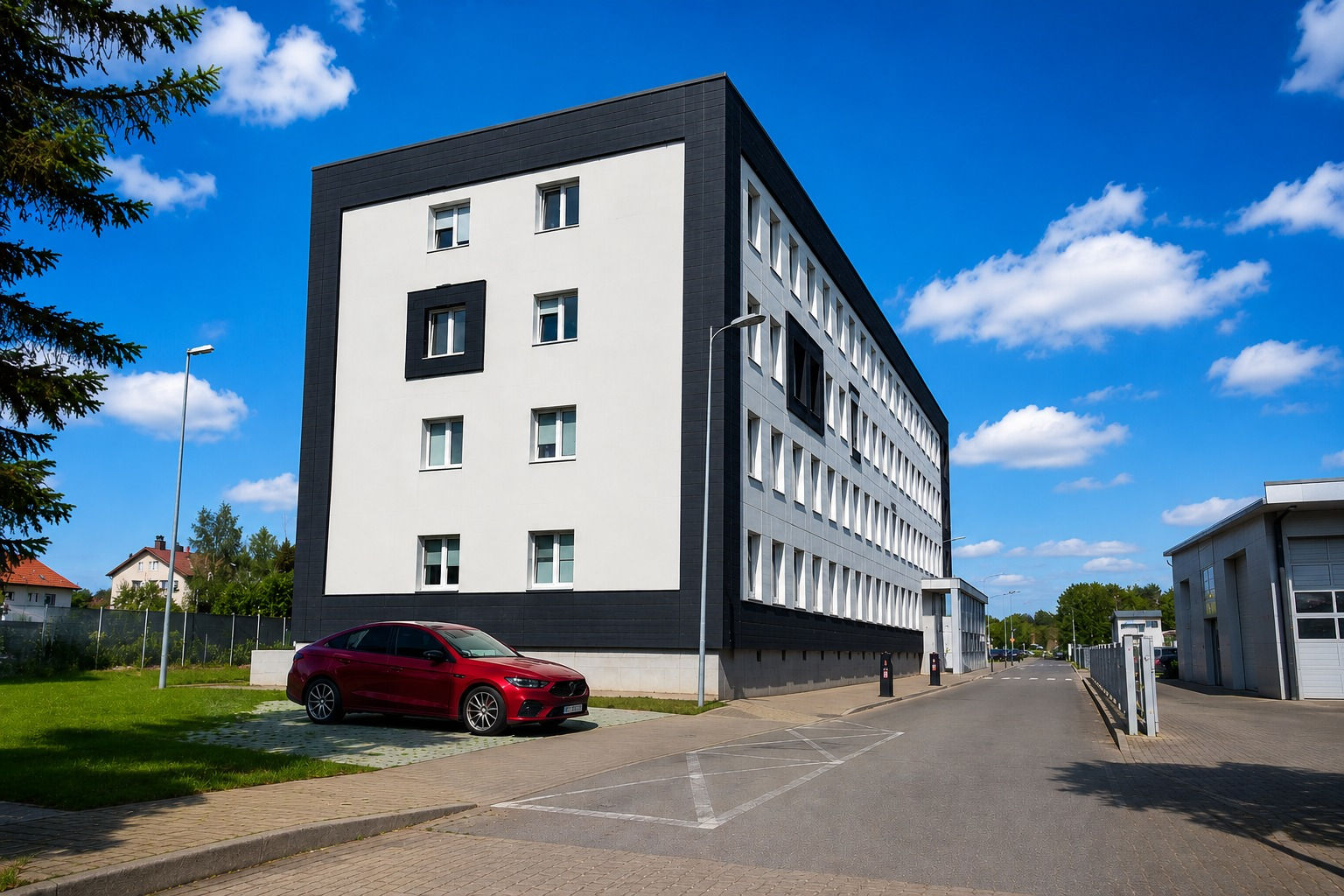 budnek siedziby z parkingiem
